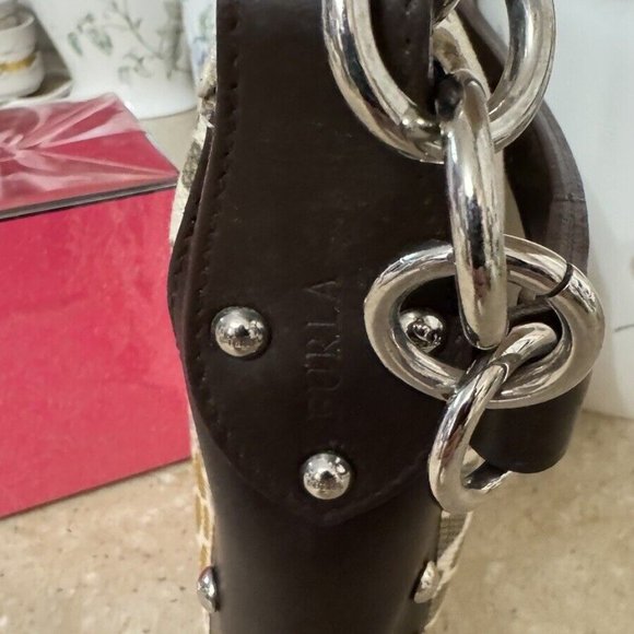 FURLA Beige and Tan Canvas and Leather Gold Studded Shoulder Bag *Very Very Rare - Picture 9 of 16